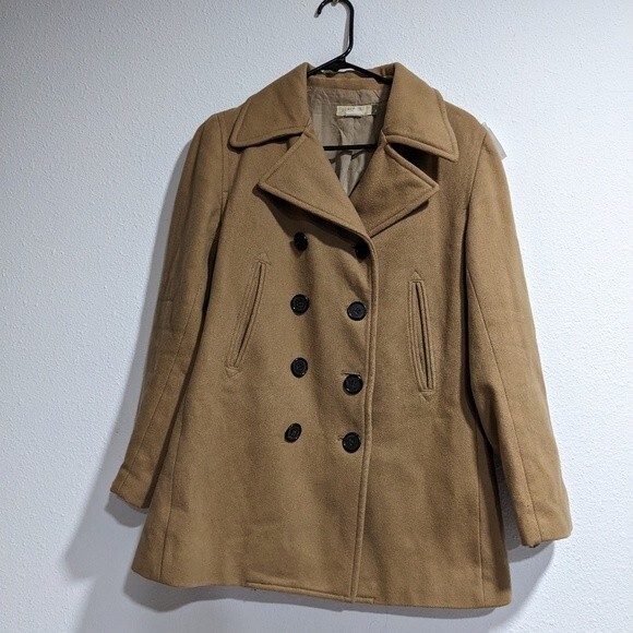 J Crew Wool Blend Double Breasted Pea Coat, Camel Women's Small - LINING TORN - Picture 1 of 16